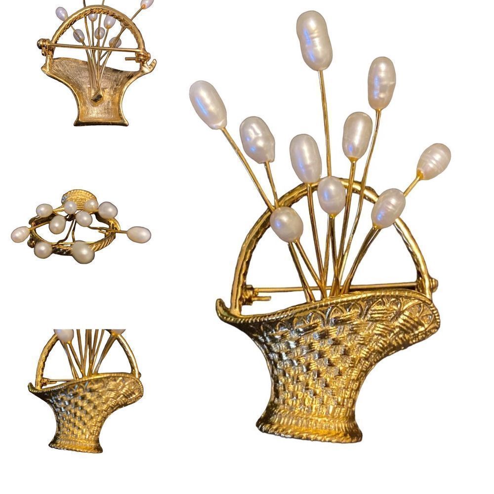 Basket Gold Tone Brooch Pin with Pearl
